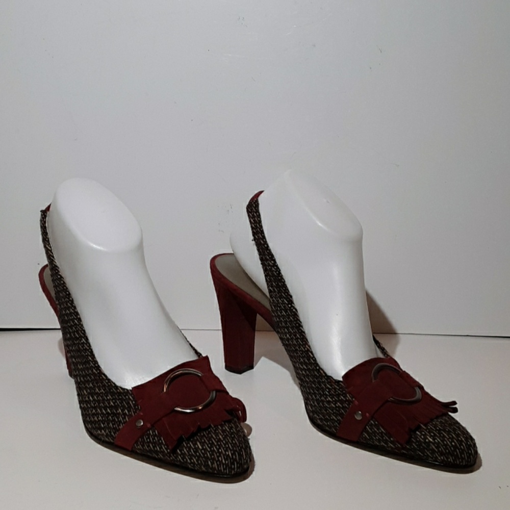 Anne Klein tweed sling back wine heels